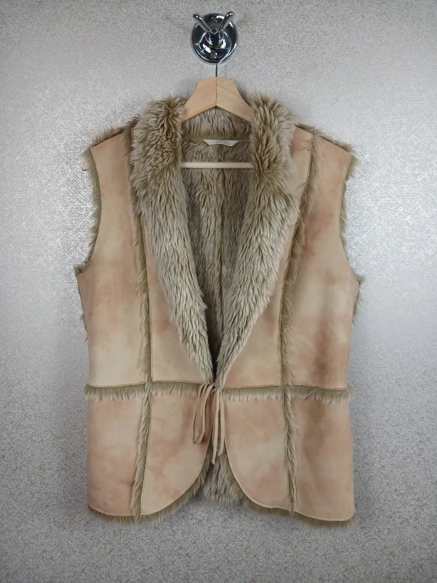 Vintage M&S Faux Fur Suede Gilet Tan Beige Afghan Boho Y2K 00s Jacket UK Size 14