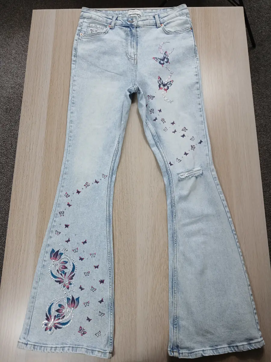 Hand Painted Rhinestoned Butterly Flare Denim Jeans 1/1 Celestial Fairycore Y2k Festival 12