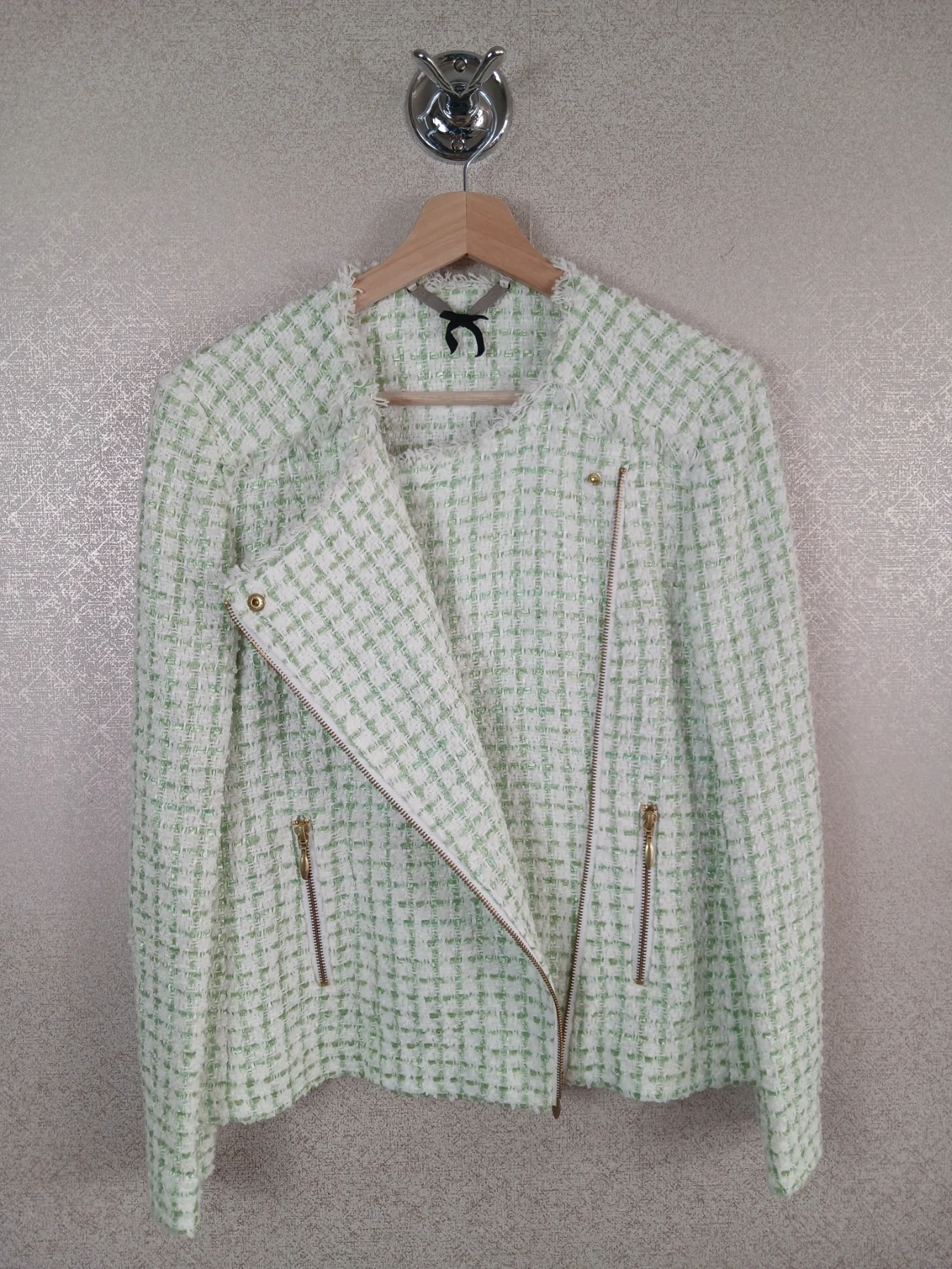 Jigsaw Linton Tweed Biker Jacket 12 Womens Green White Moto Fringe Blazer Asym