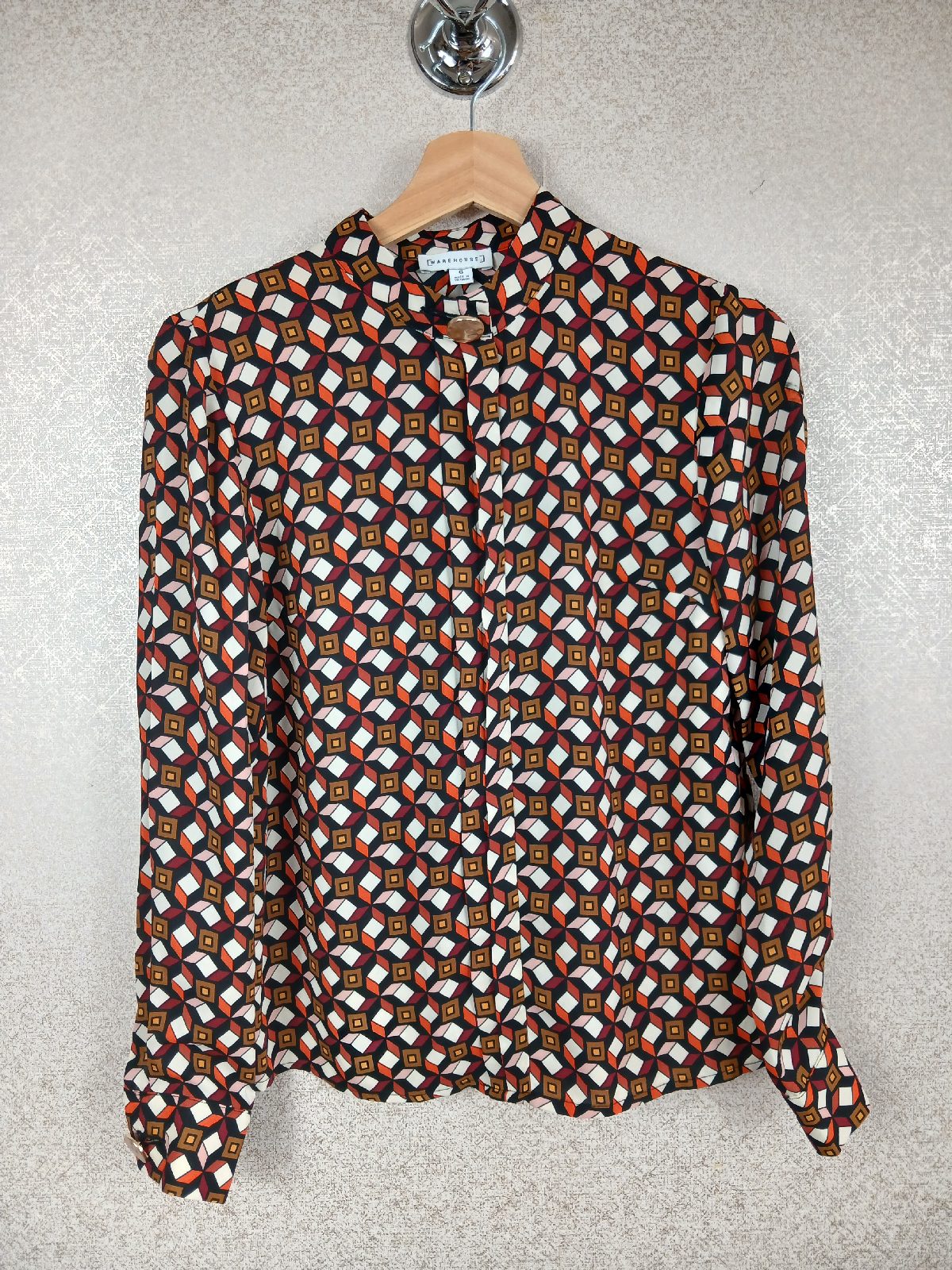 Warehouse Size 6 Geometric Cube Print Blouse Top 70s Retro Optical Illusion VGC