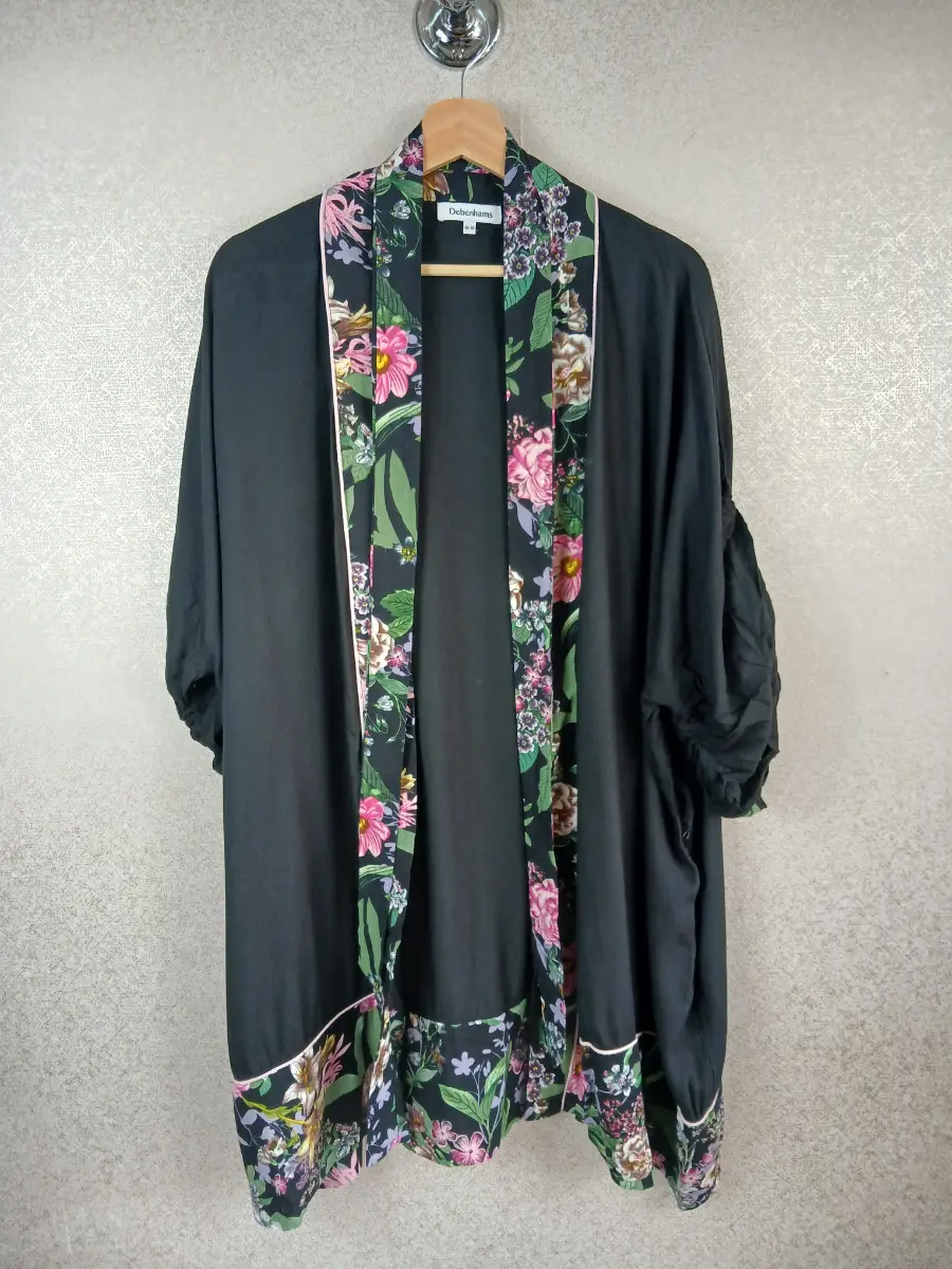 Debenhams Black Floral Kimono Dressing Gown Loungewear House Coat UK Size 16-18