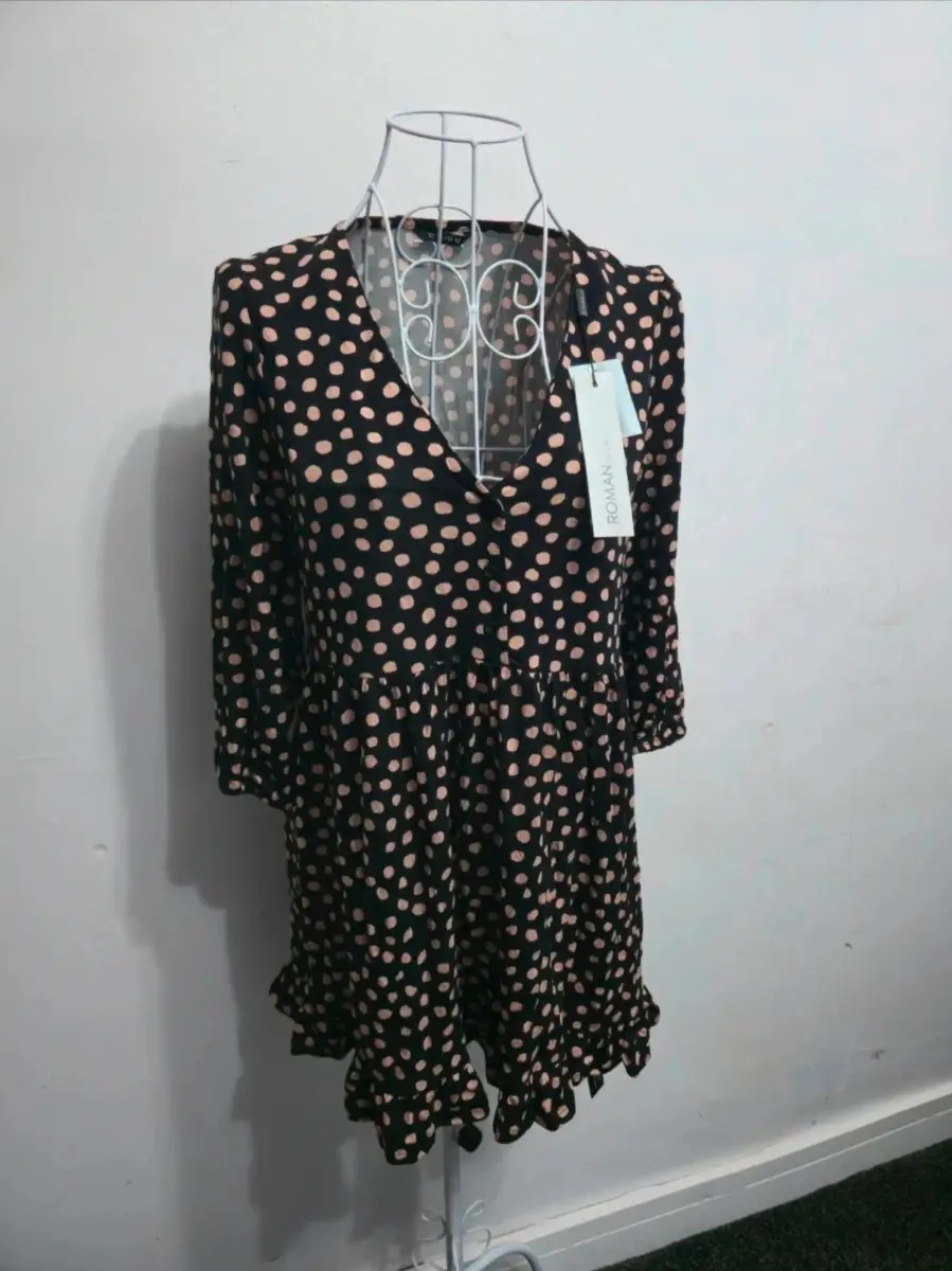 Roman Black Camel Spot Button Front Smock Dress – Size 12 – BNWT