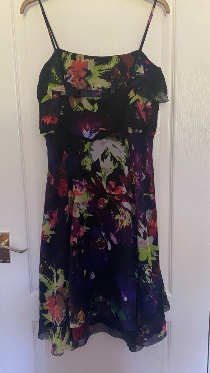 Coast 100% Silk Abstract Floral Cami Midi Dress Size 12 Ruffle Neck