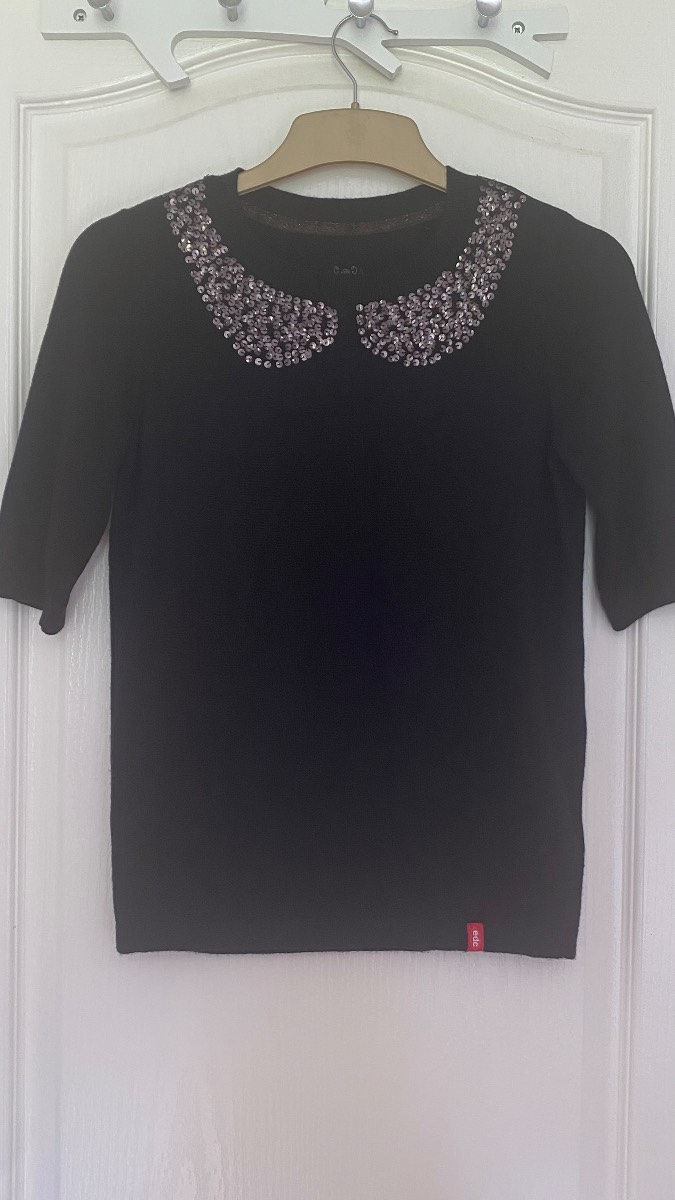 edc by Esprit Black Knit Top with Sequin Peter Pan Collar - Size XS