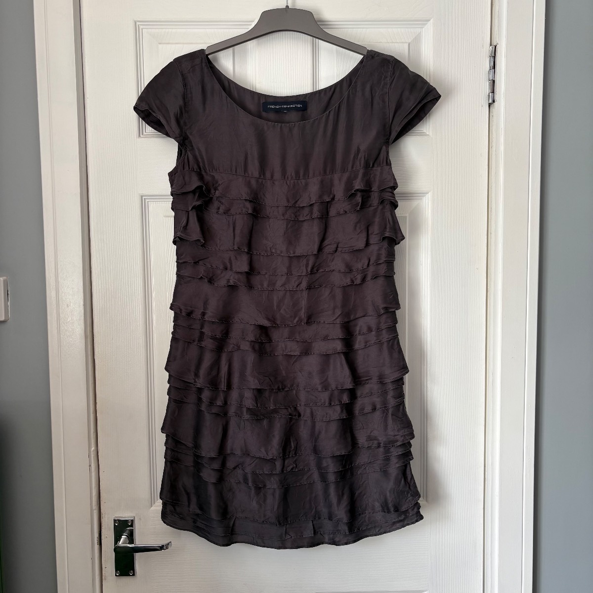 French Connection 100% Silk Tiered Ruffle Cocktail Dress Grey Size S