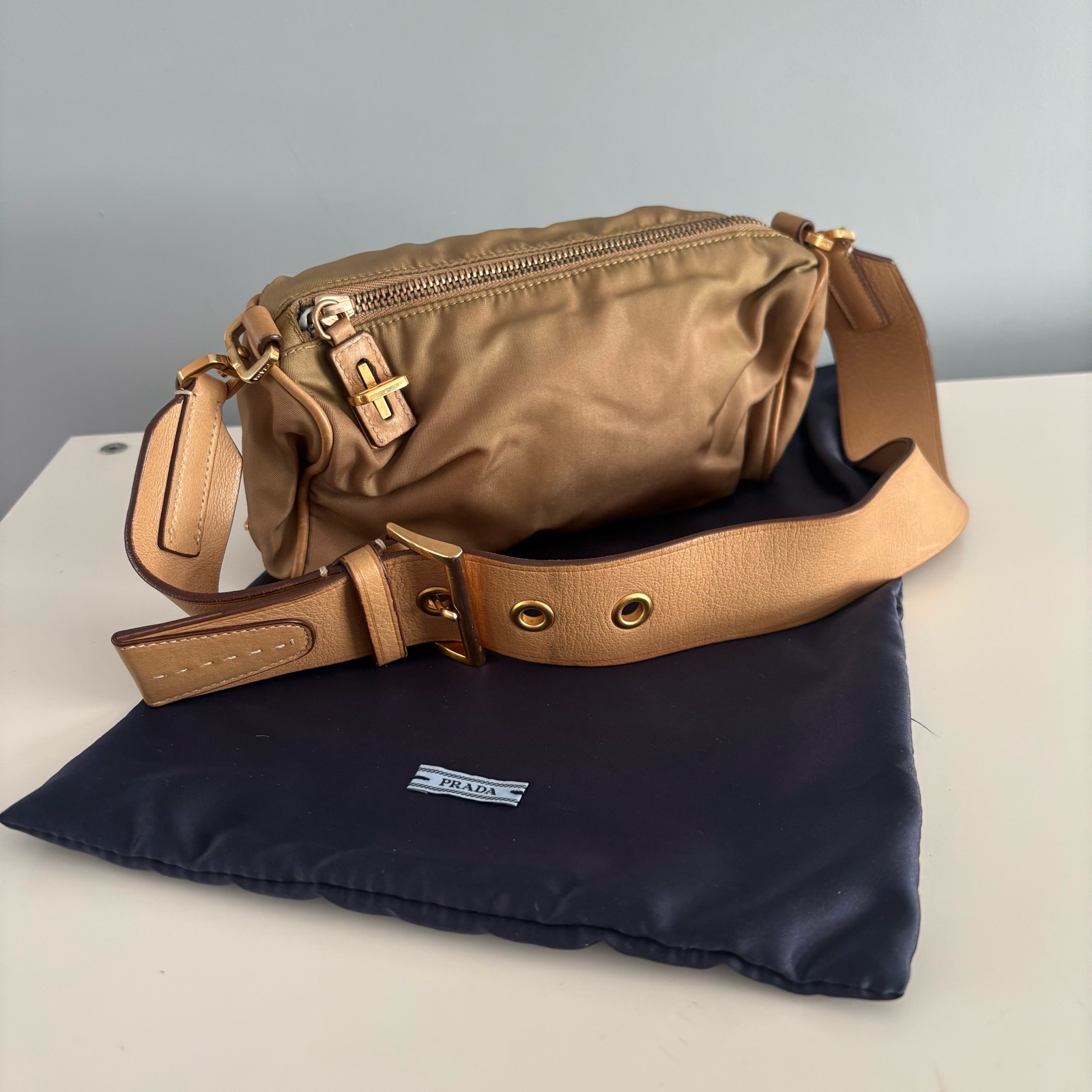 Vintage Prada Camel Nylon Shoulder Bag | Y2K Tessuto Leather Strap Gold Hardware