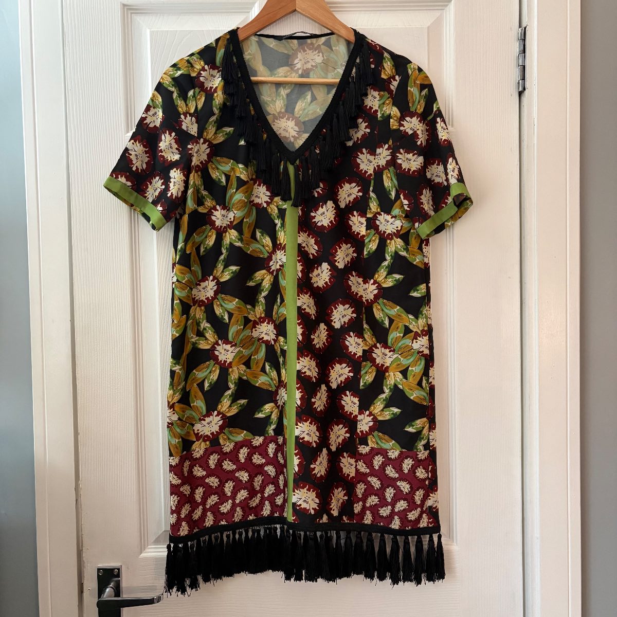 Zara Boho Botanical Floral Shift Dress with Fringe Size XS