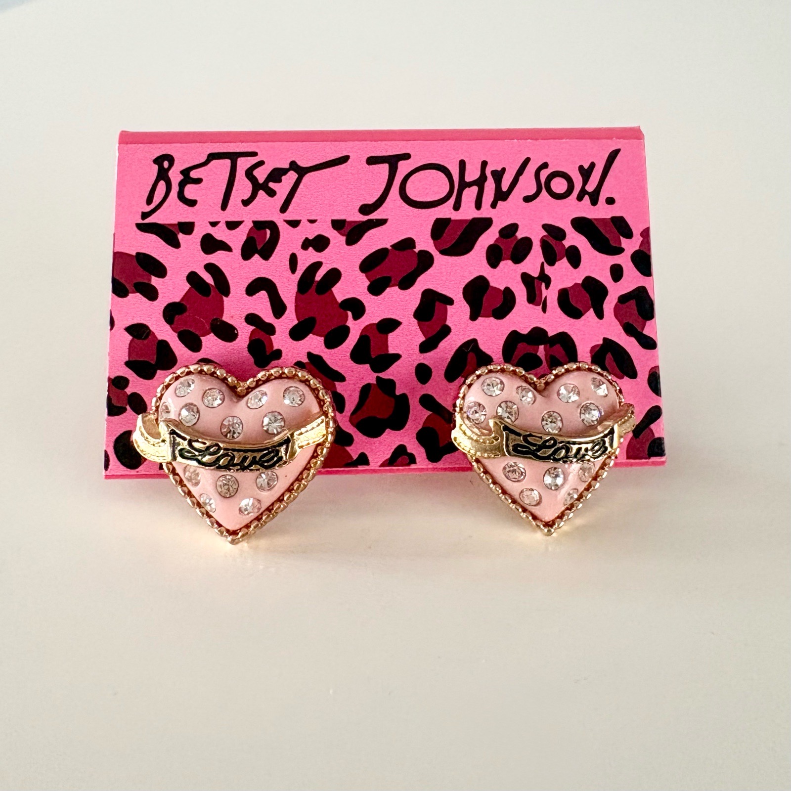 Brand New Betsey Johnson Pink Crystal Heart Stud Earrings