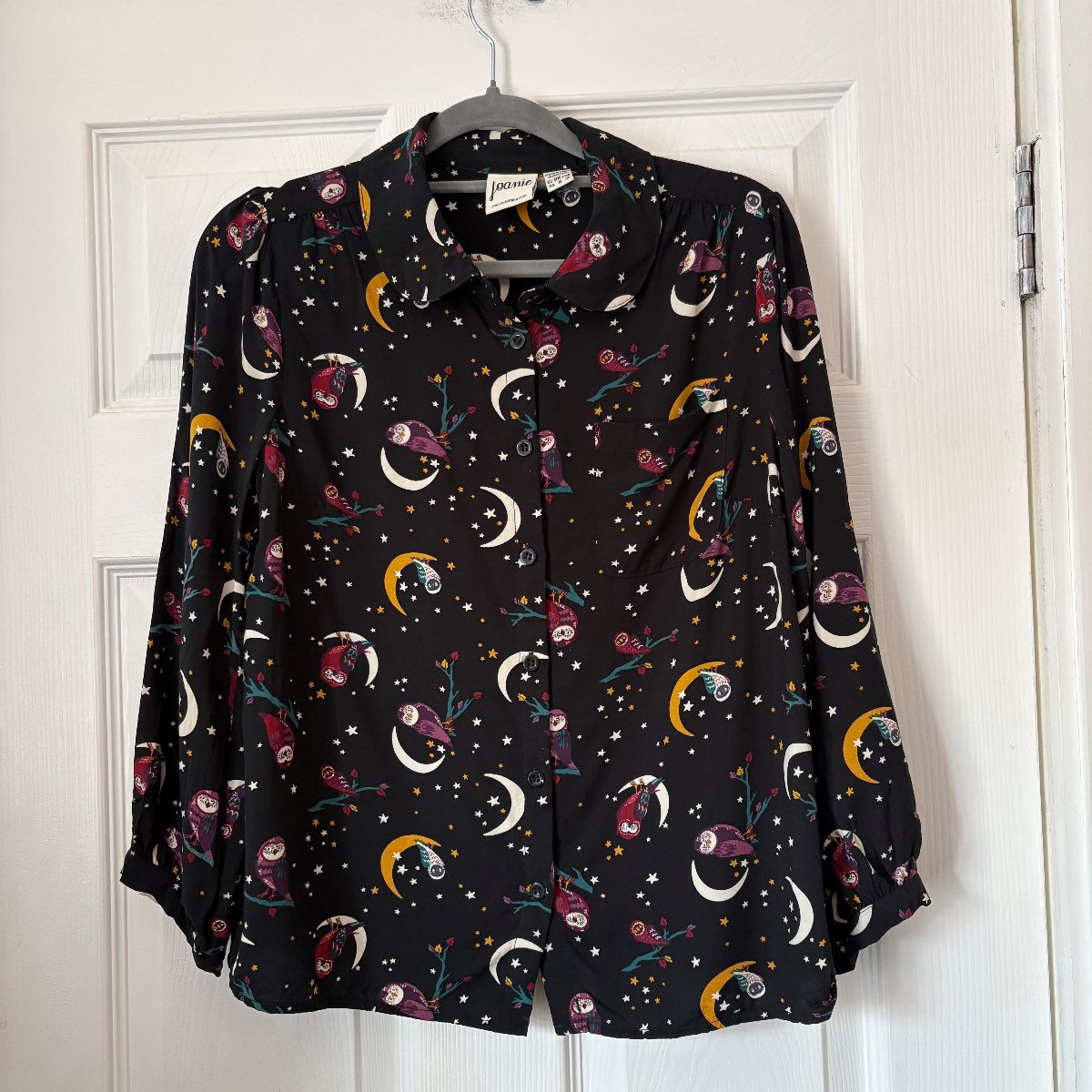 Joanie Rare Owl & Moon Celestial Print Long Sleeve Shirt Blouse Size 8