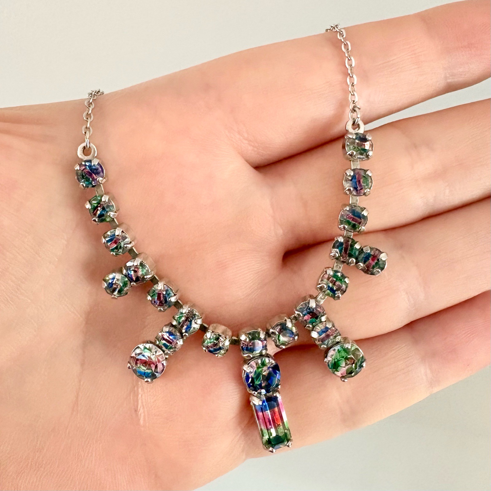 Vintage Iris Glass Rainbow Rhinestone Necklace Art Deco Style 1940s/50s