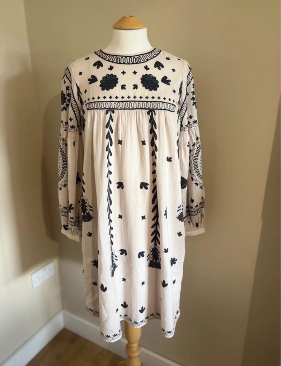 Monsoon Monochrome Floral Embroidered Ivory Dress Womens Boho Ladies Size Small UK 8-10 New