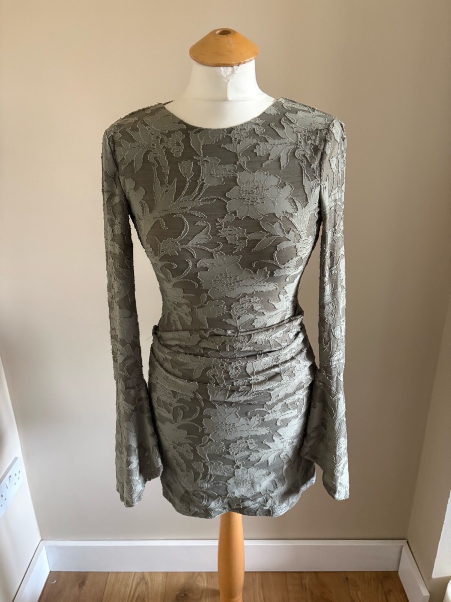 ASOS Design Petite Sage Green Mini Dress Flared Sleeves Size UK 4