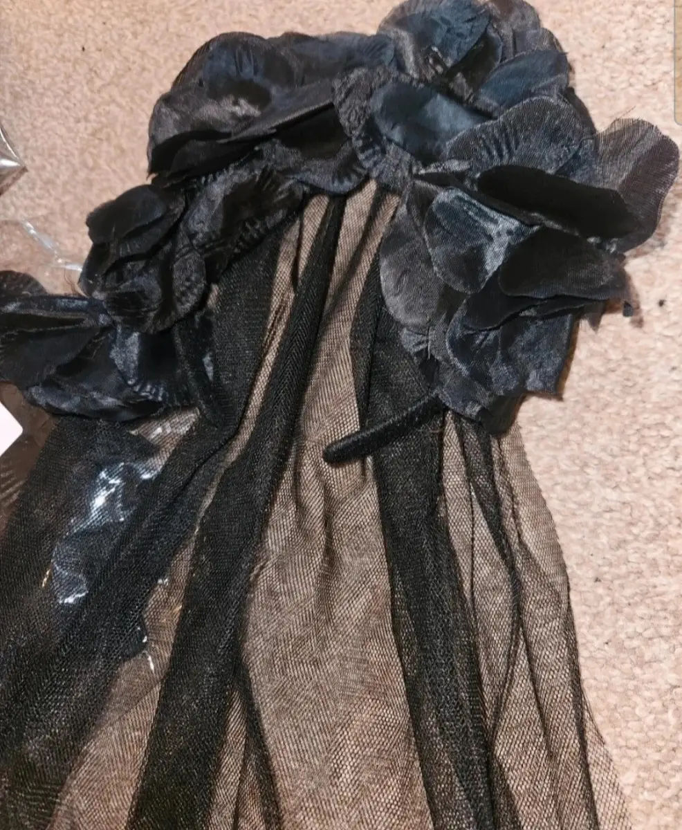 Bride Black Headband with Black Flowers and Veil