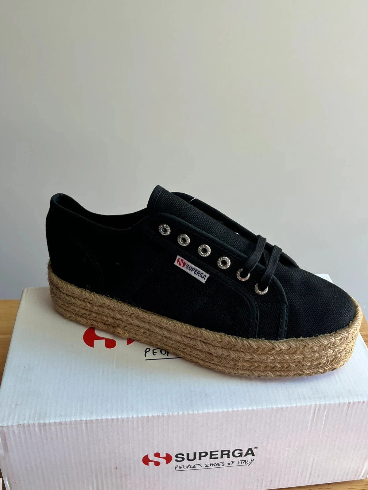 Brand new in box Superga 2790 jute/rope espadrille flat form black/brown women’s shoes UK7.5