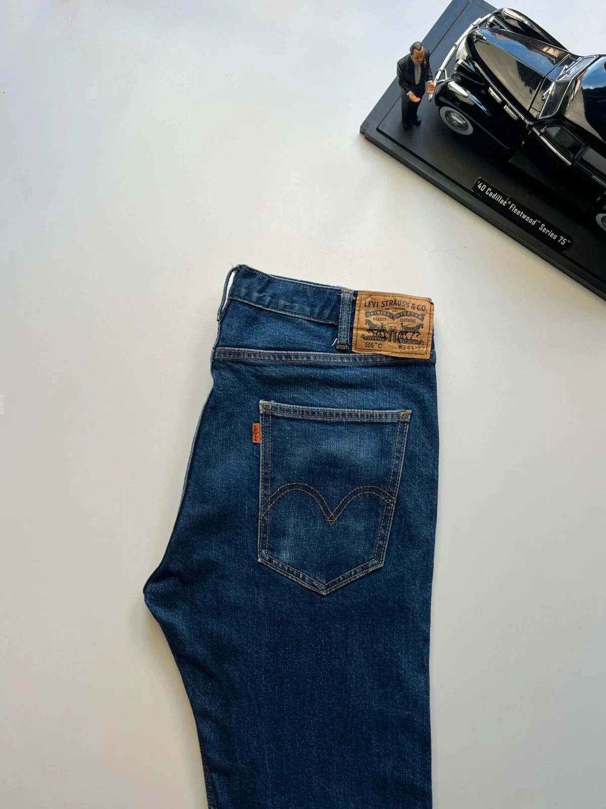Levi’s vintage 505 C orange tab slim fit low waist navy stretch men’s jeans W34 L31 Altered