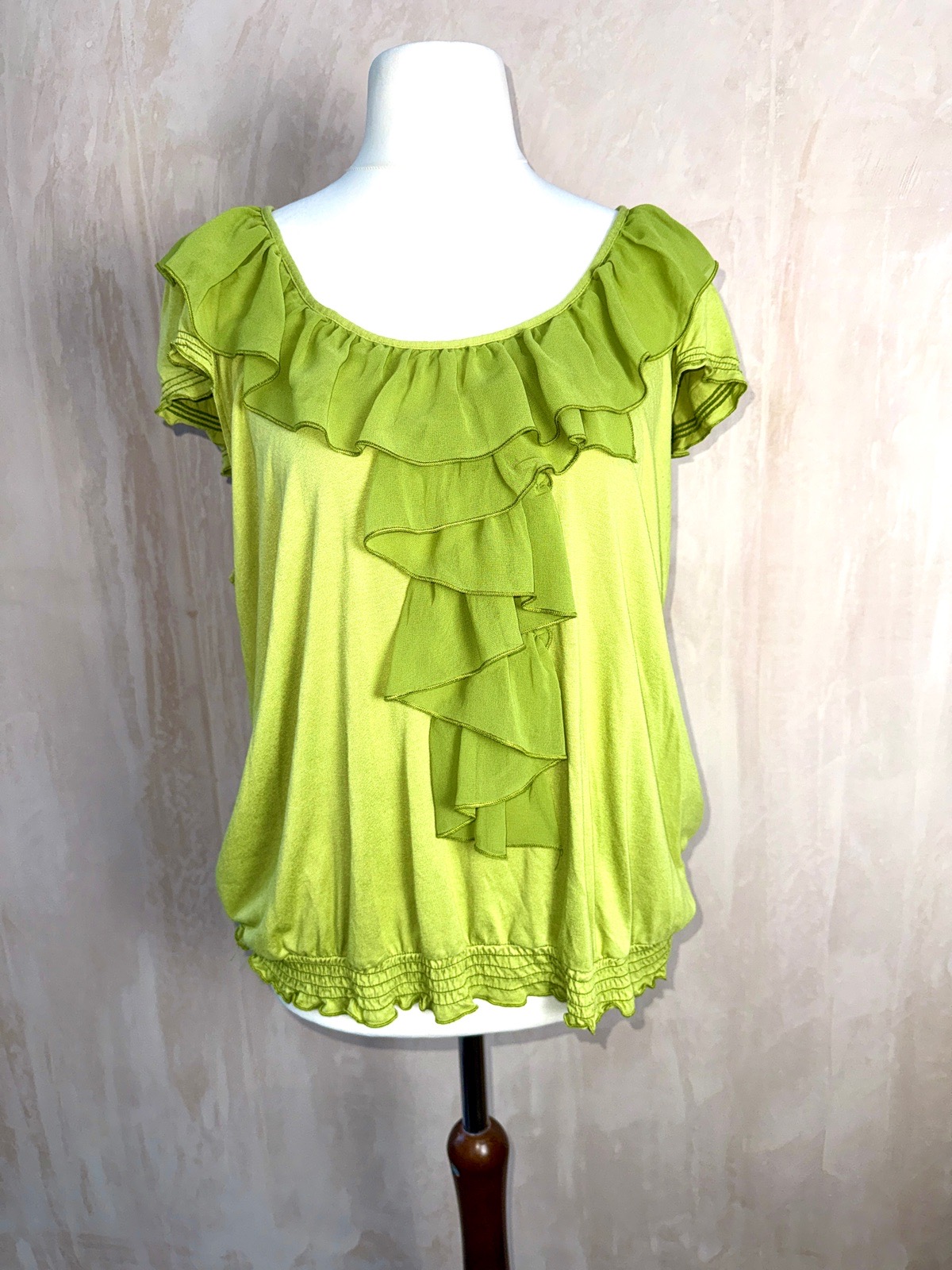 Debenhams green top size 18 ruffle front Fairycore floaty chiffon panel B34