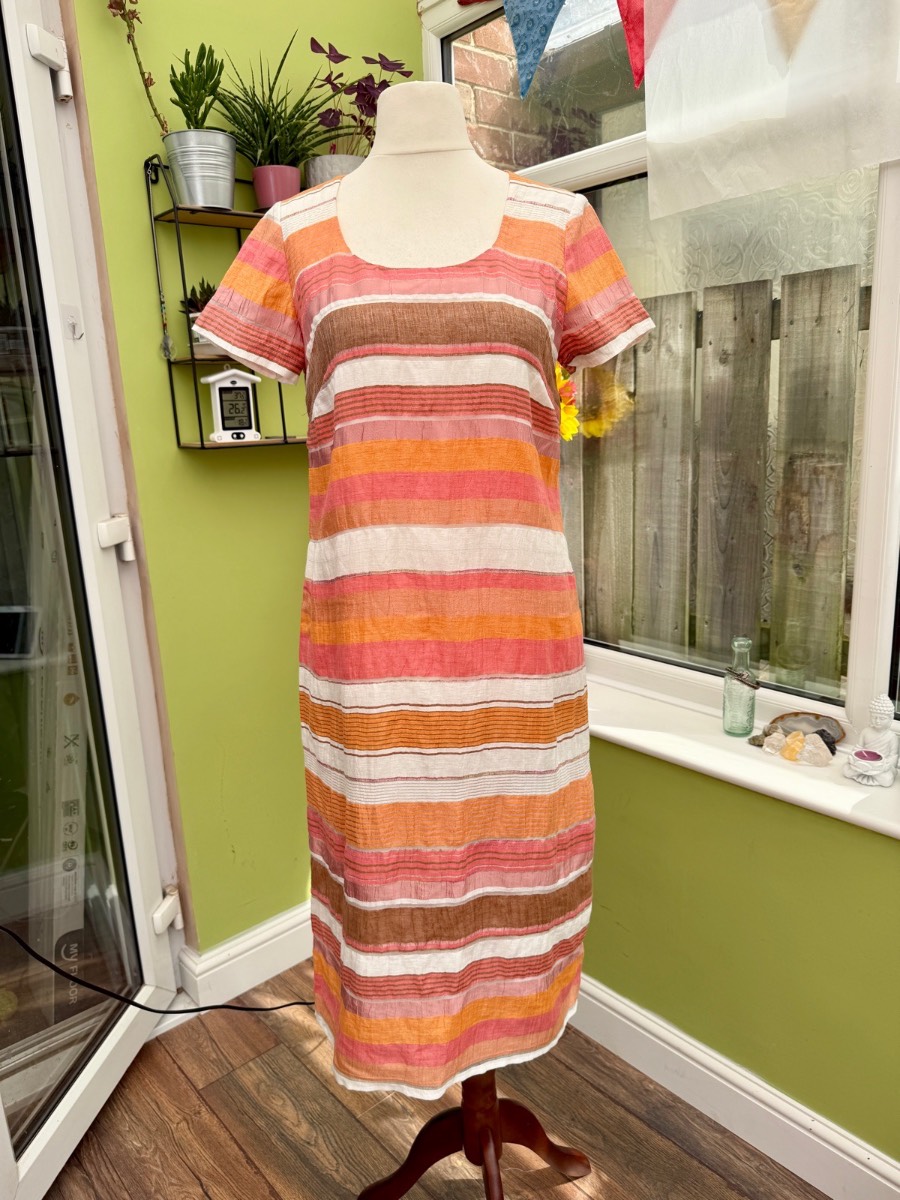 Sahara linen blend midi dress orange cream striped lagenlook size S B17