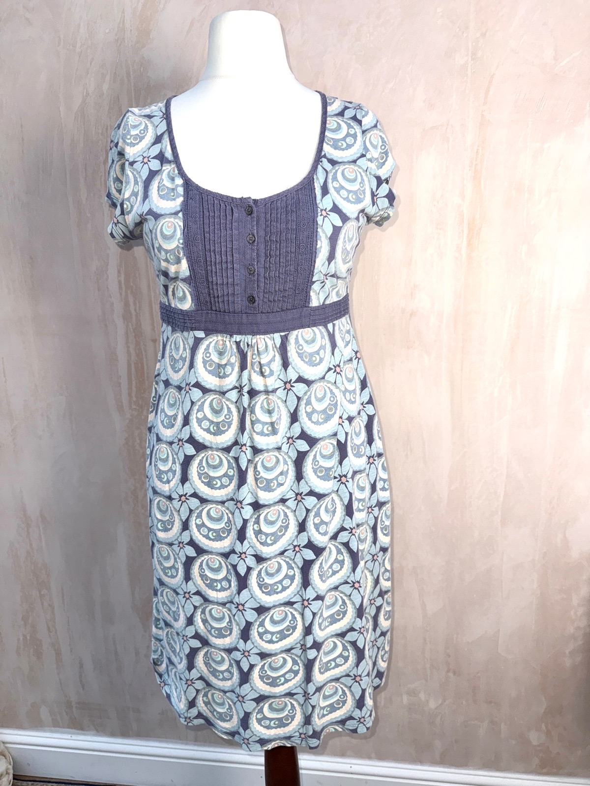 White stuff casual jersey dress size 12 white blue retro print boho coastal B34