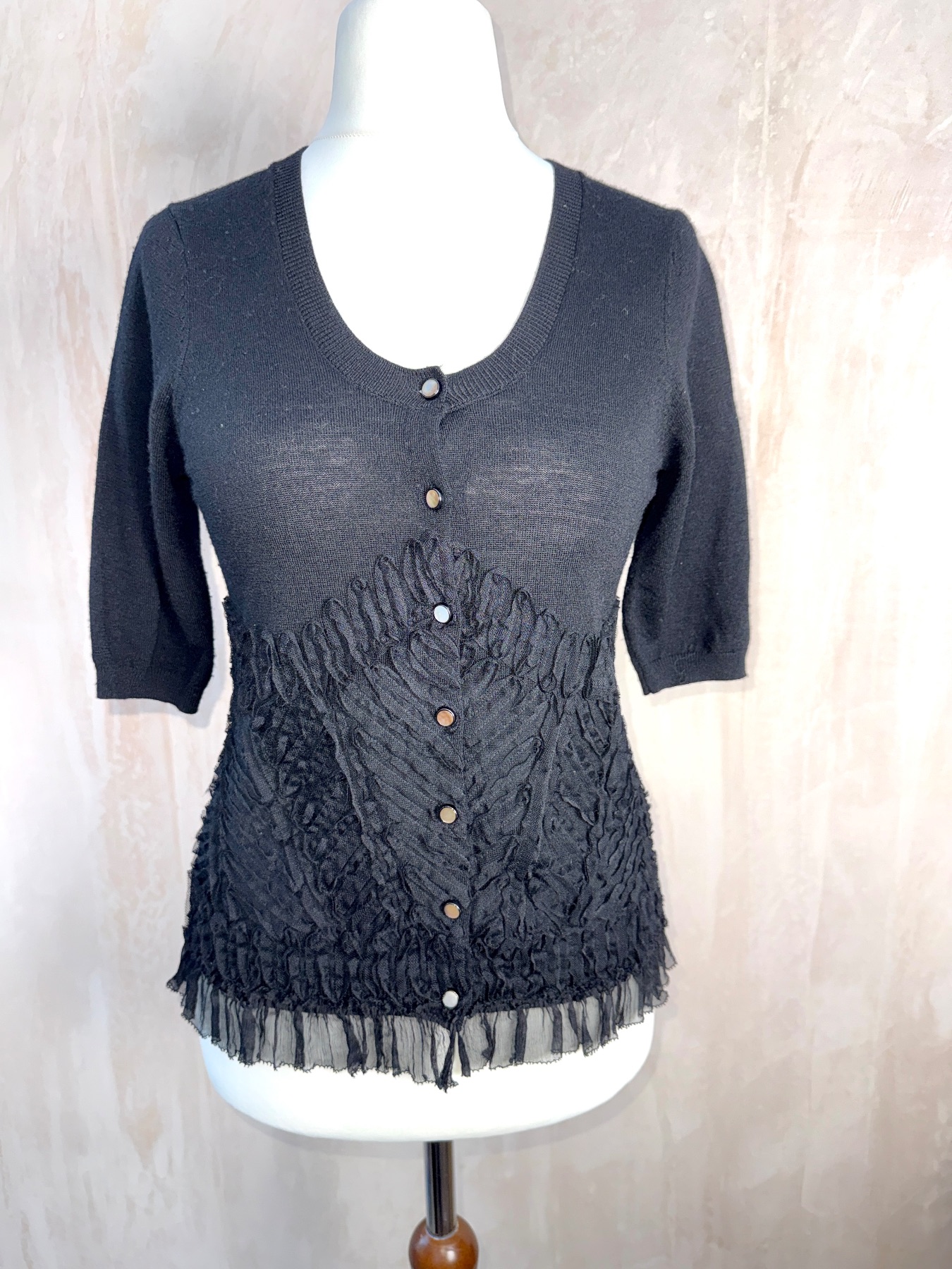 Knitted &Knotted Anthropologie 100% wool black cardigan short sleeved B34