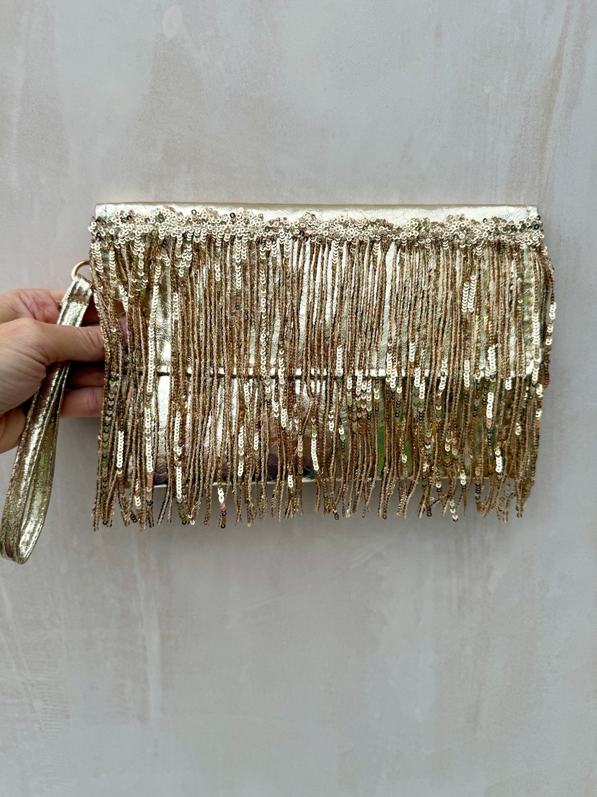 Gold sequin tassel fringe handbag flat envelope bag with wrist strap
