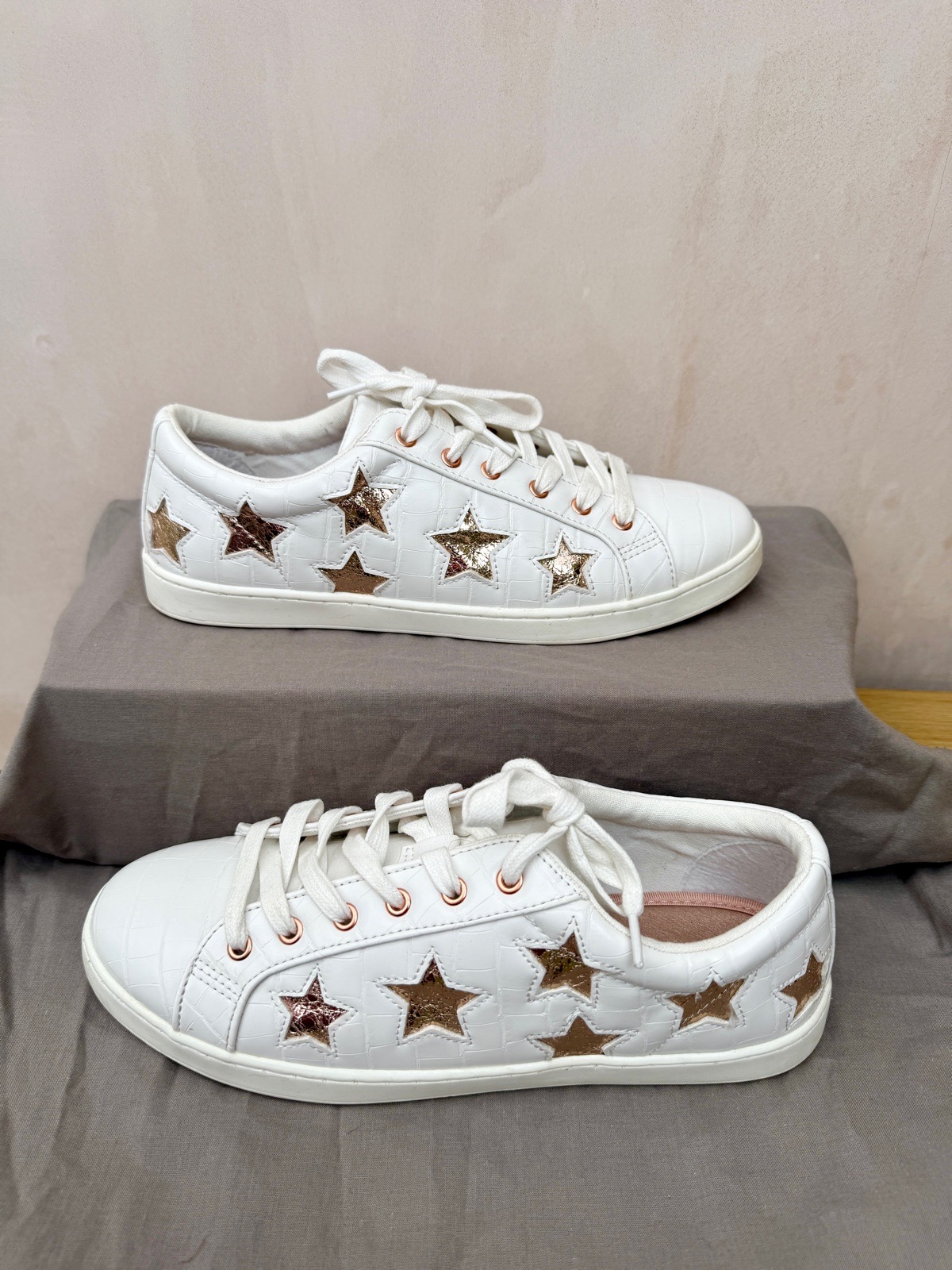 Next size 7 white mock croc pumps with rose gold stars
