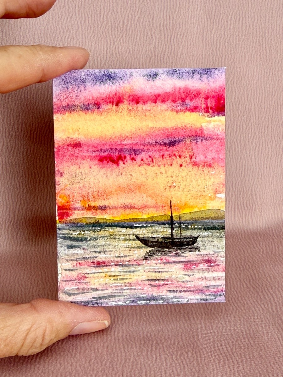 Original ACEO watercolour miniature artwork little boat on a lake 2.5” x 3.5”