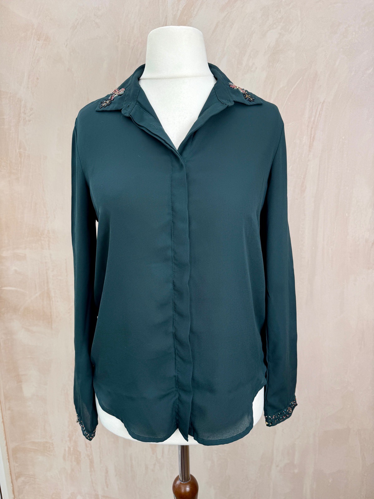 Zara bottle green bead embellished blouse size s B30