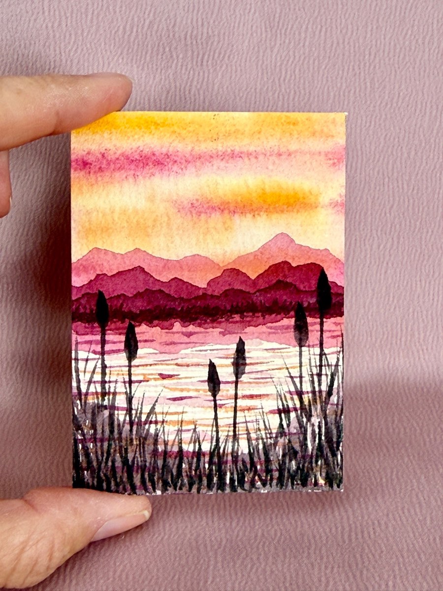 ACEO original miniature watercolour painting 3.5” x 2.5” cattail lake view