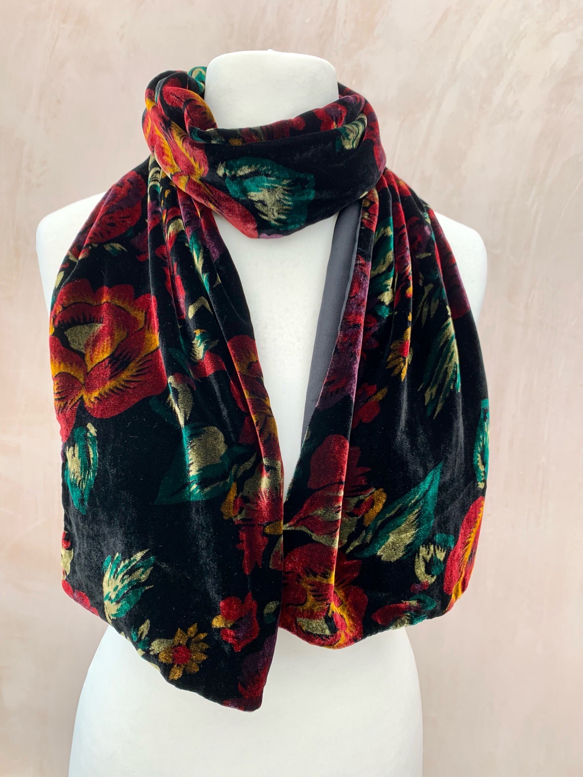 Super soft vintage 90s black velvet floral scarf deep rich autumn tones