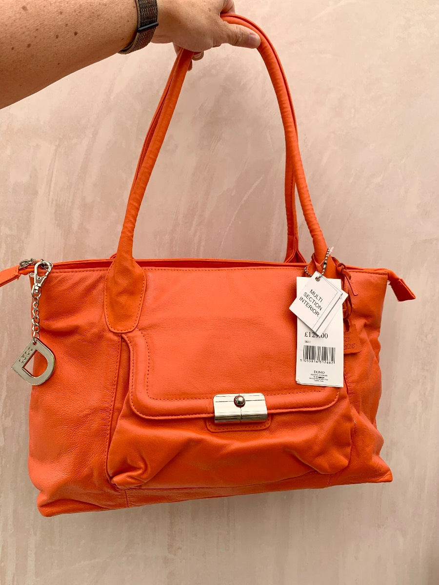 Domo Orange genuine leather large top handled bag NWT