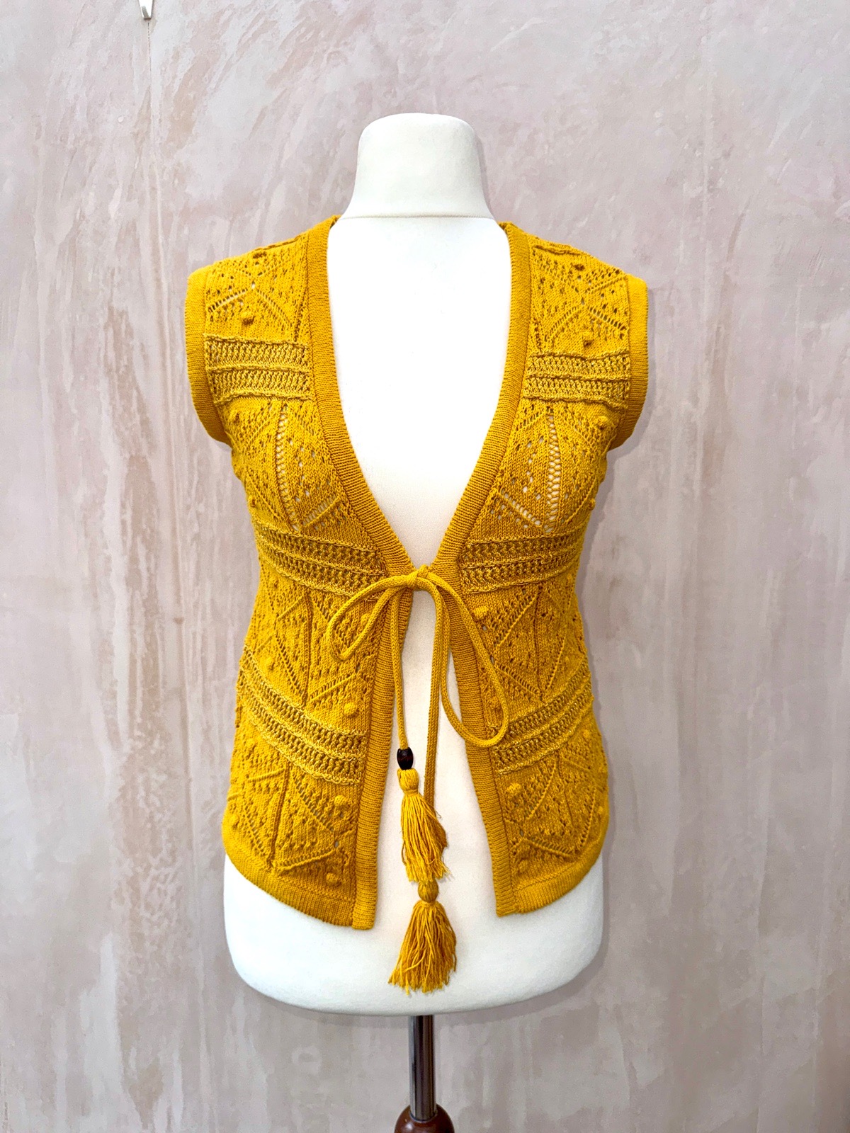 M&S size XS mustard crochet cardigan boho sweater vest B32