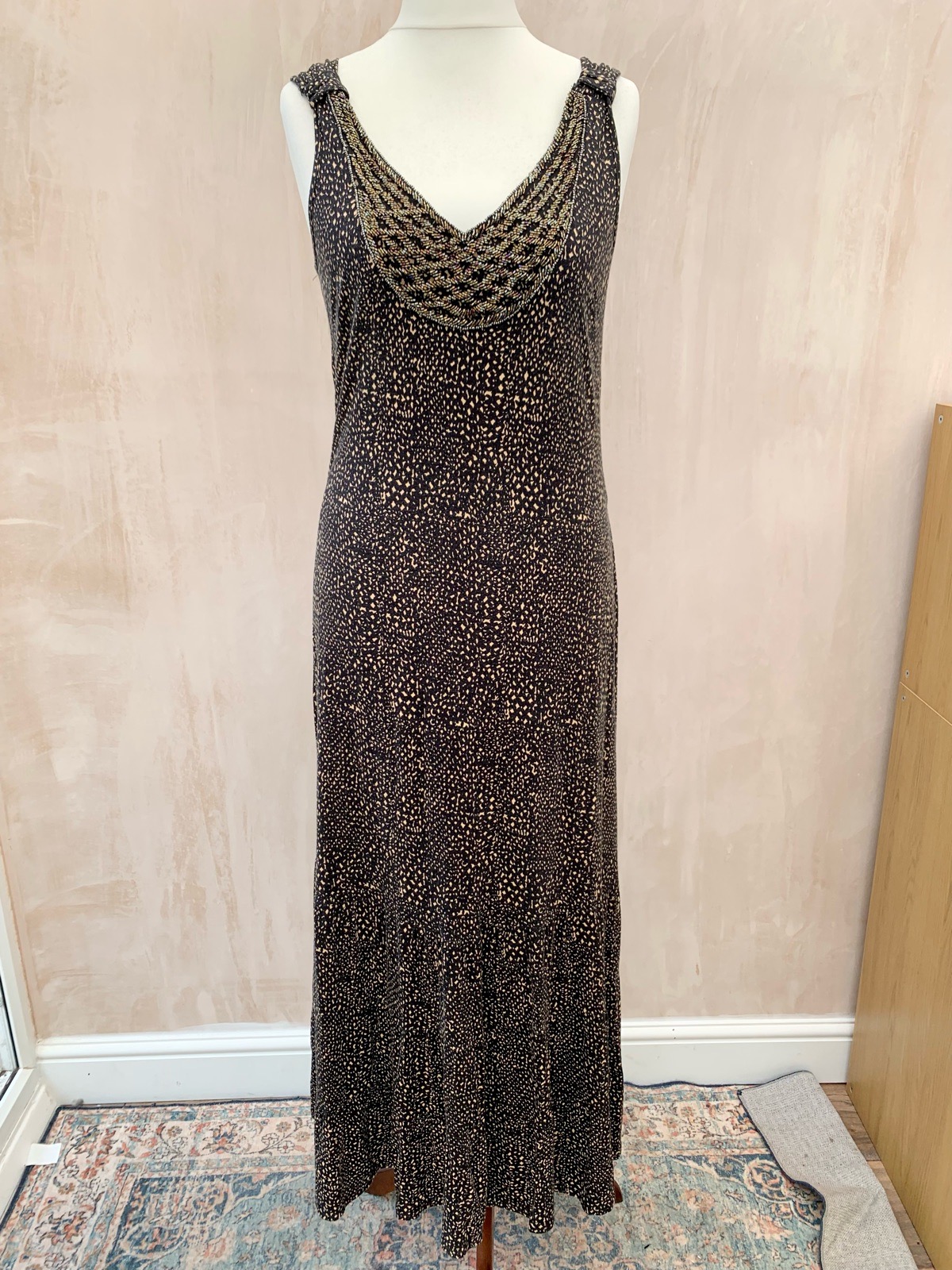 David Emmanuel black beige beaded maxi dress size 16 B32
