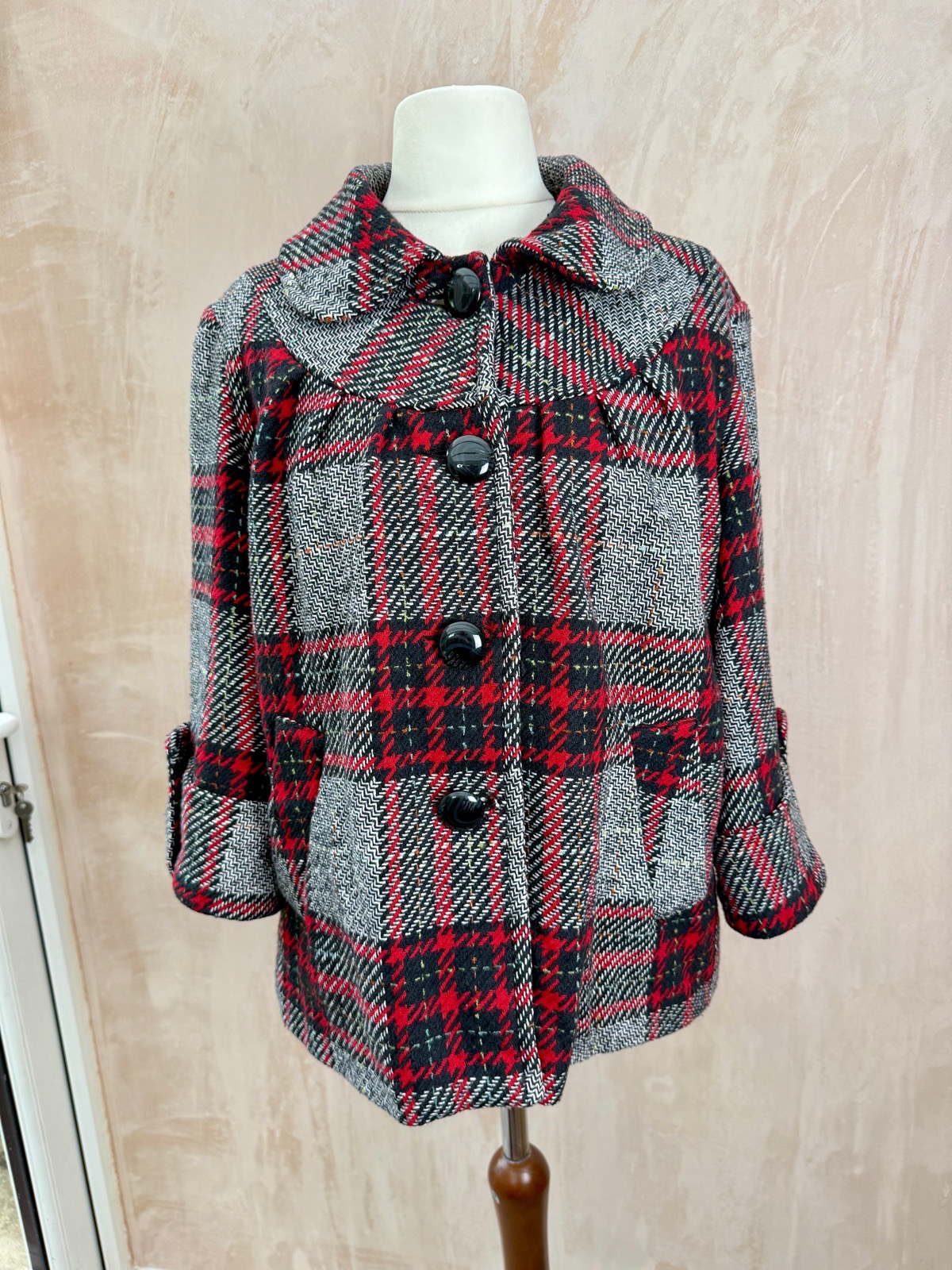 Atmosphere mid 00s 3/4 sleeve grey red tartan swing peacoat wool blend size 14