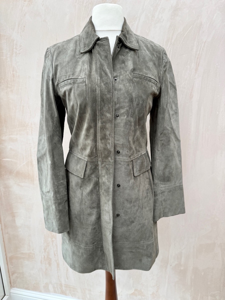 Marks & Spencer’s vintage Y2K khaki genuine 100% suede leather long line jacket coat size 8