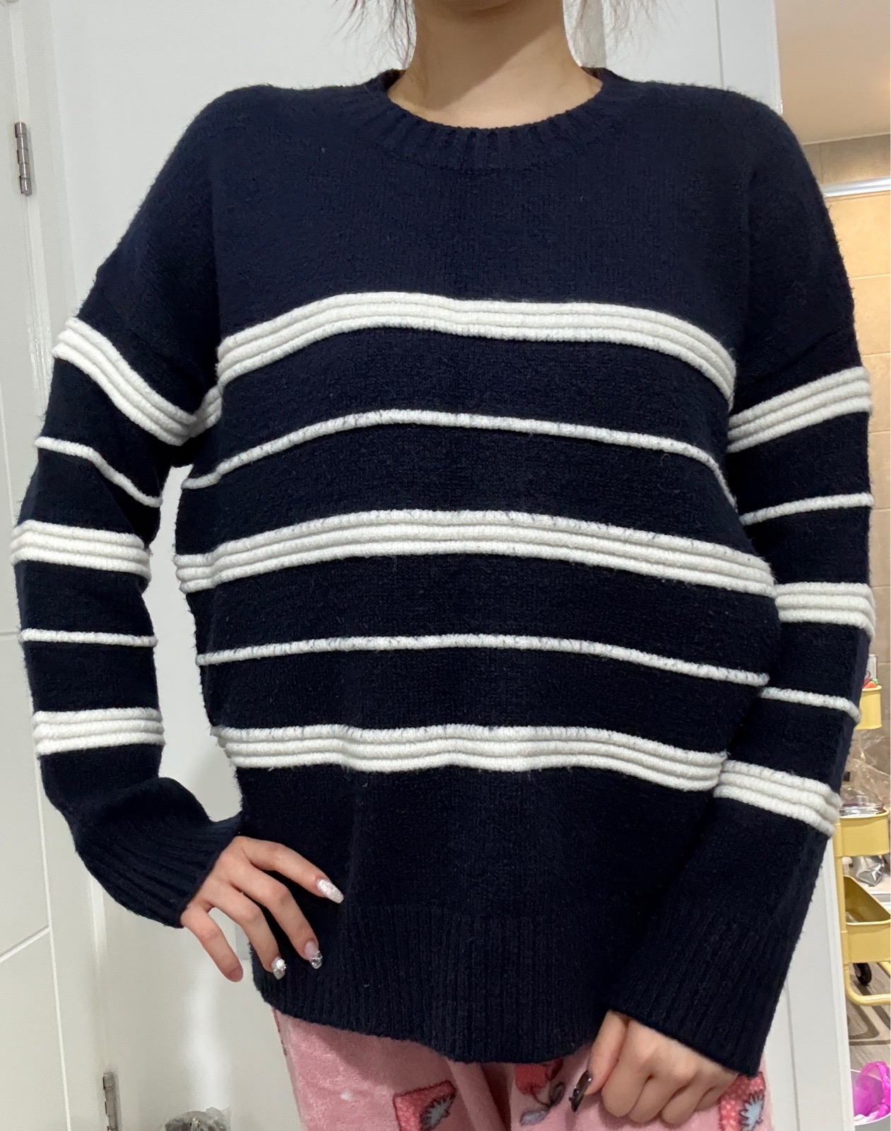 Blue with white striped knit jumper
