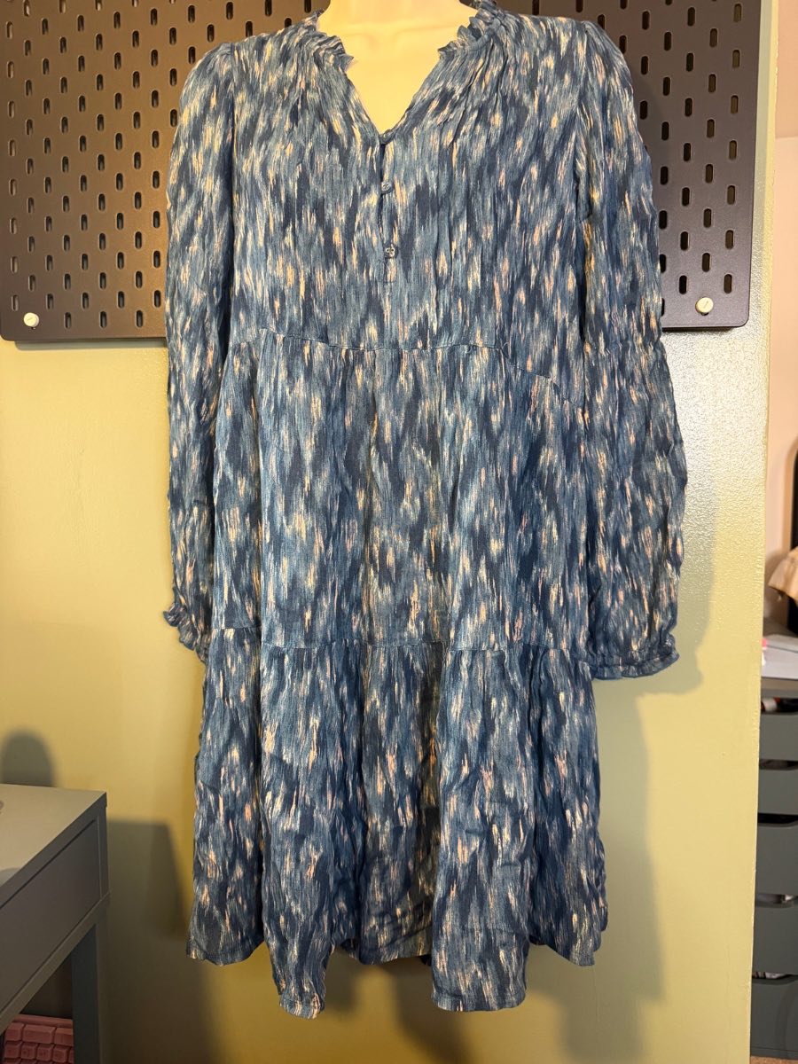 FatFace Blue Tiered Smock Dress UK 10 BNWT 100% Viscose Boho Long Sleeve Mini Dress