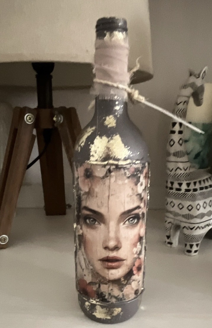 Large Grey/Gold 30 cm Handmade Homedeco Glass Bottle with uniqe women portrait