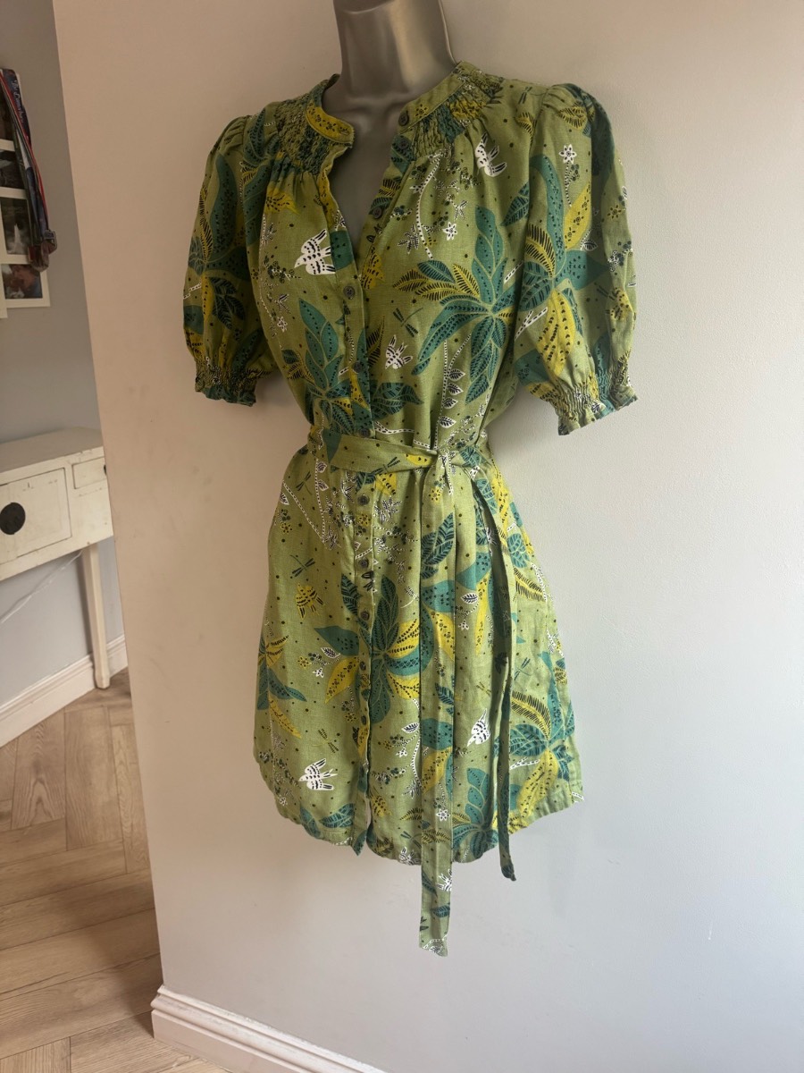 Boden Green Pippa 100% Linen Botanical Shirt Dress UK size 10