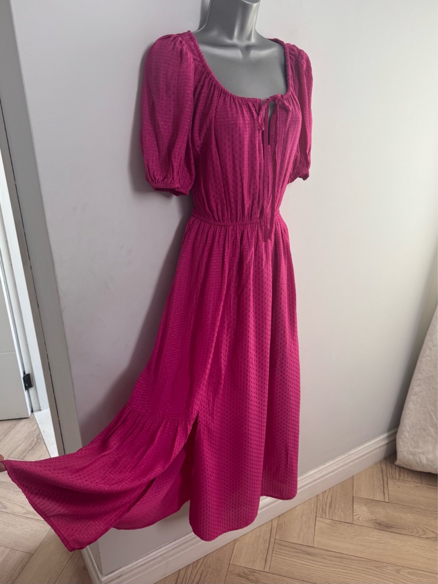 Oliver Bonas Textured Pink Tiered Midi Dress UK size 10 12
