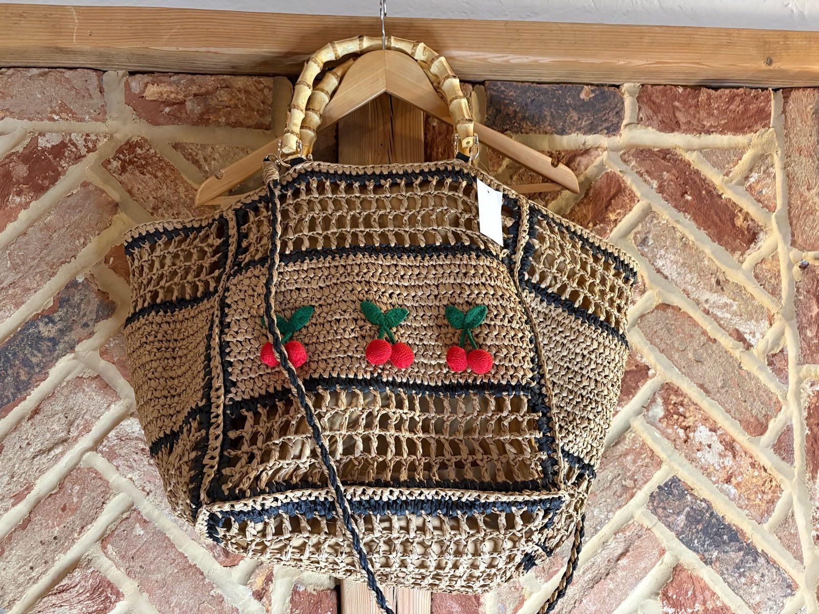 Cherry Raffia Woven Basket Tote Bag – Bamboo Handles – Boho Summer Beach Bag