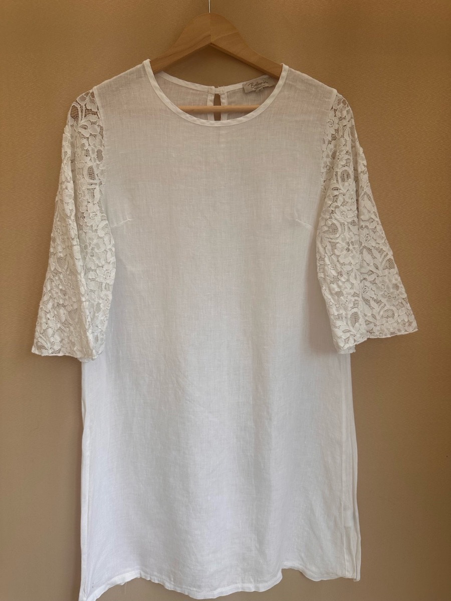 Bellambra White 100% Linen Tunic Dress Lace Bell Sleeves Boho Size S