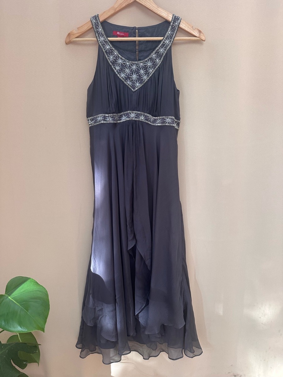 Monsoon Pure Silk Beaded Occasion Dress Grey UK 8 Handkerchief Hem Wedding