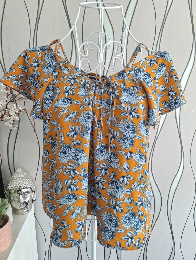 Topshop Mustard Floral Blouse Navy Print Tie Neck Top UK 10