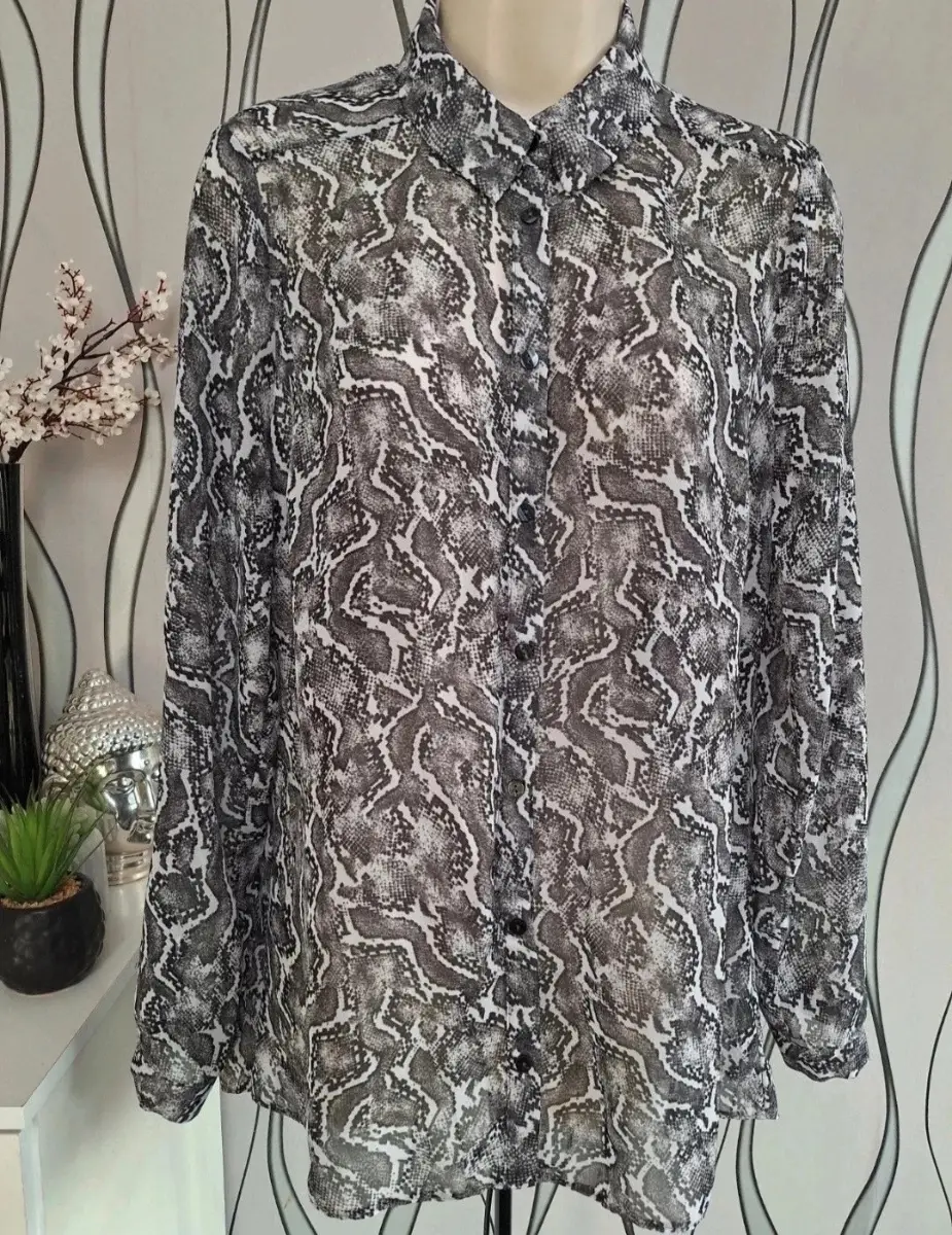 Atmosphere Grey Black Snake Print Sheer Blouse UK 8 Button Up
