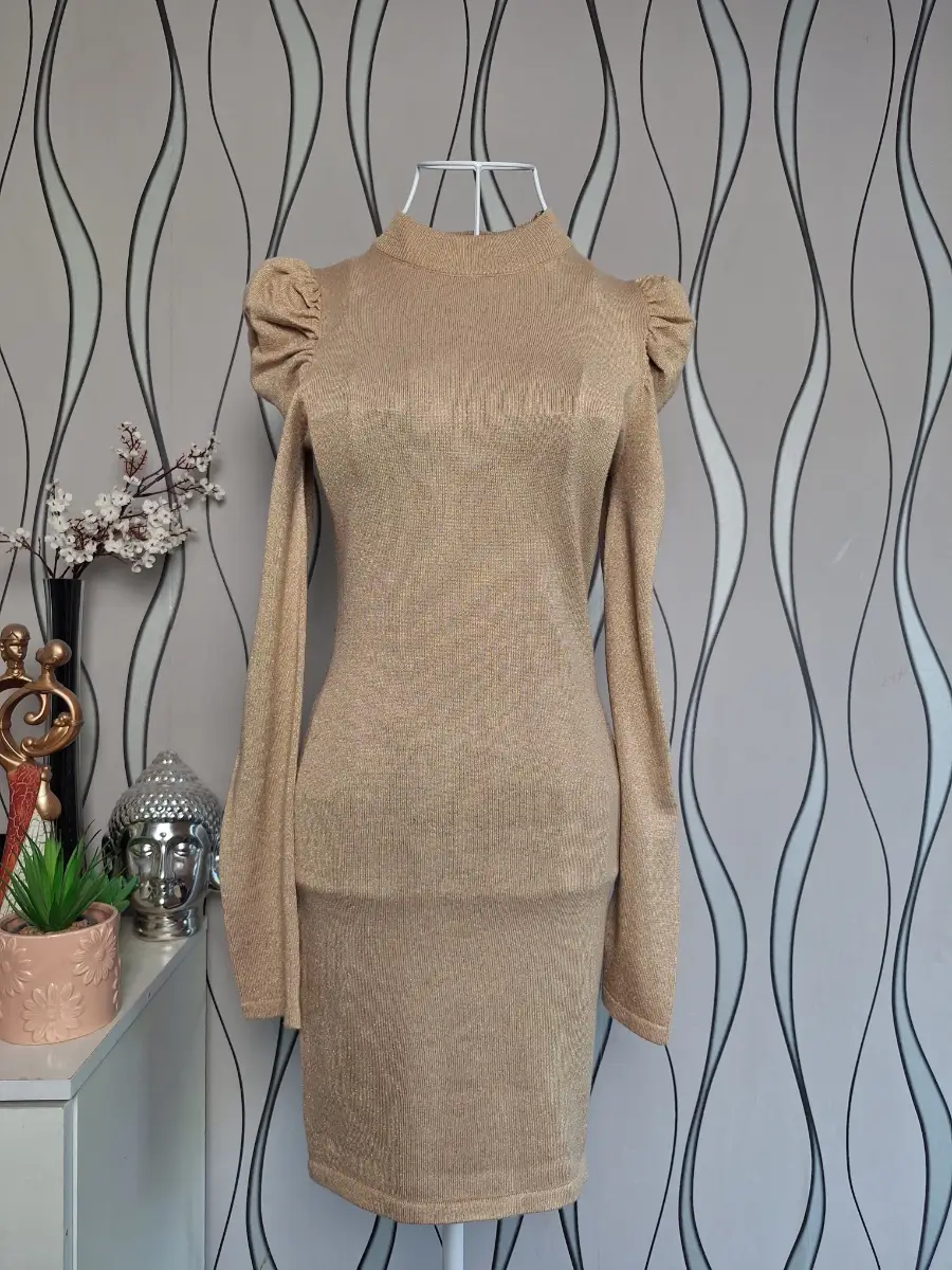 Love Always Beige Shimmer Knit Bodycon Dress Puff Sleeve High Neck M UK 10/12