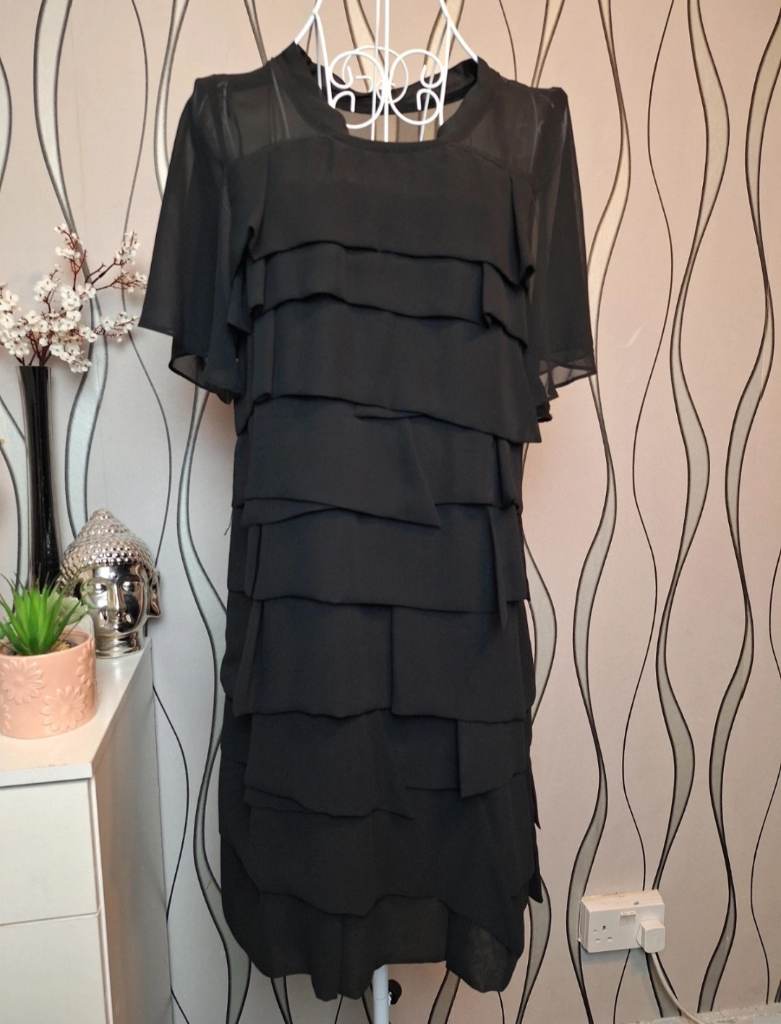 Black Layered Chiffon Ruffle Dress UK 8-10 Evening Party