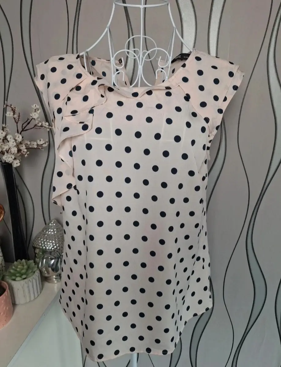Oasis Cream Navy Polka Dot Frill Blouse UK 14 Smart Casual