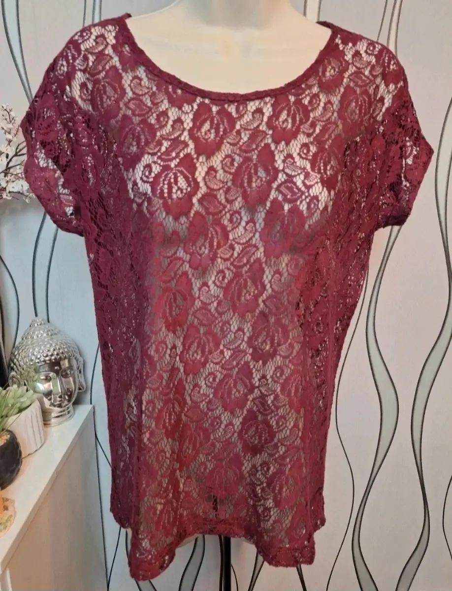 New Look Burgundy Floral Lace Top UK 12 Short Sleeve