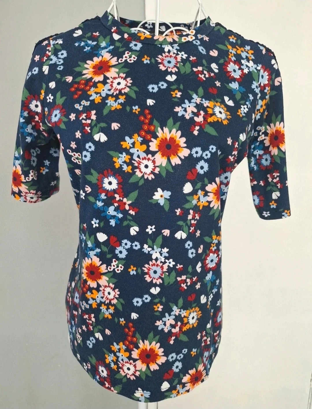 Dorothy Perkins Navy Floral Top 3/4 Sleeve Fitted Stretch UK 10