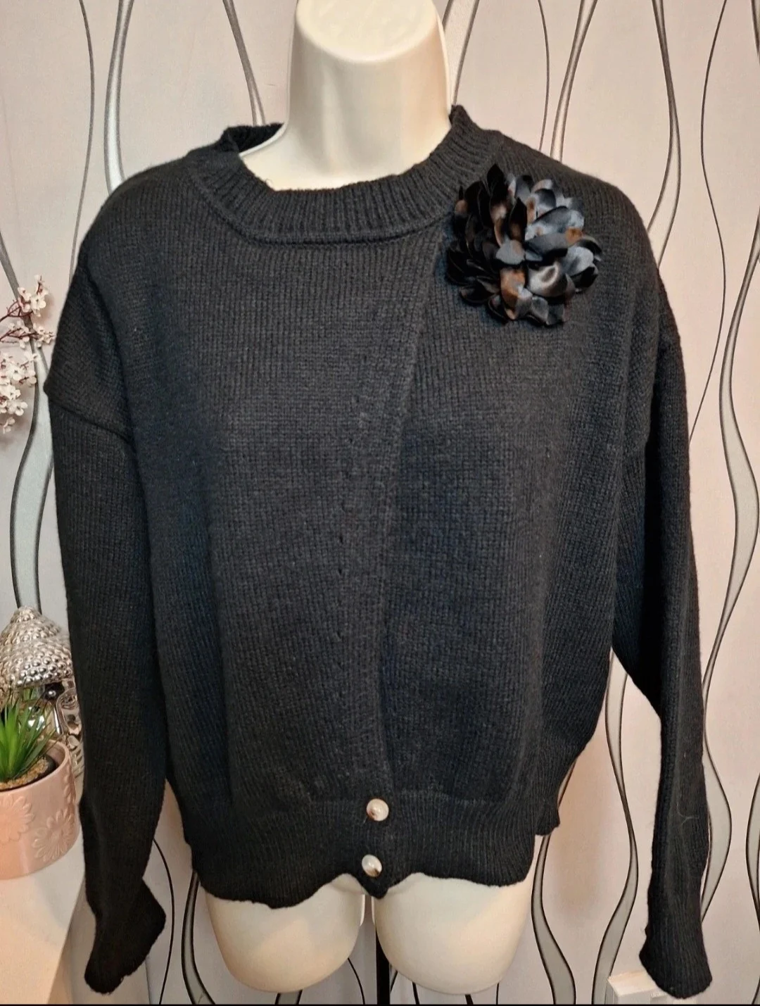 SHEIN Black Knit Jumper Flower Detail Oversized UK 16-18